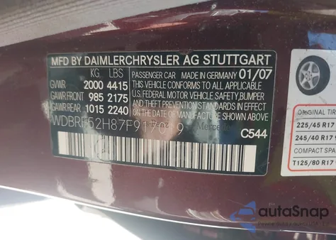 2007 Mercedes-Benz C 230 Sport z USA, uszkodzony, nr VIN WDBRF52H87F917019